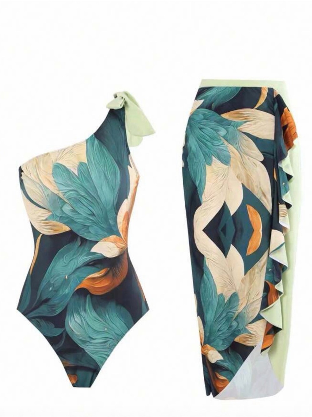 One-Shoulder Floral Print Women’s One-Piece Swimsuit with Sarong - Teal Green